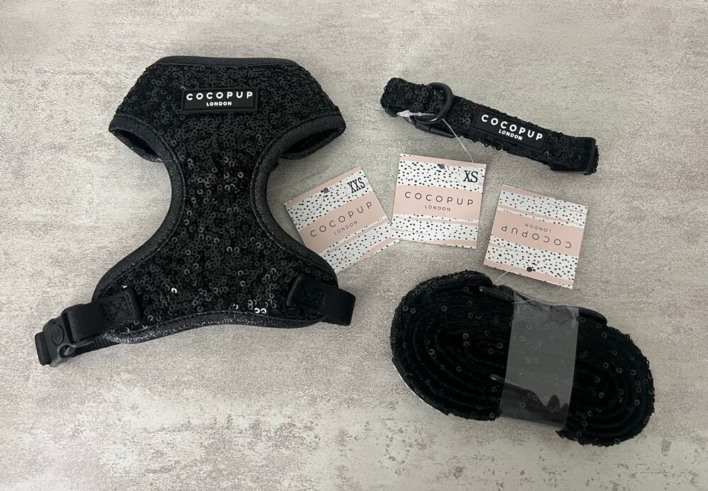 Cocopup Luxe Black Sequin Adjustable Harness XXS Collar, and Lead - Leash NWT